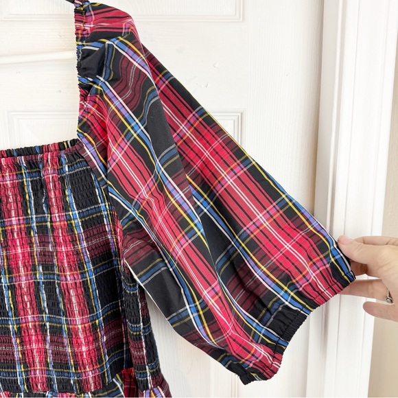 Women's DRAPER JAMES RSVP Elbow Sleeve Square Neck Smocked Peplum Plaid Top - Picture 4 of 9